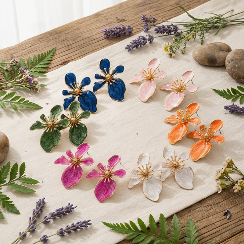 Exquisite Colorful Enamel Flower Stud Earrings for Women Retro Metal Irregular Floral Temperament Earrings Jewelry Holiday Party