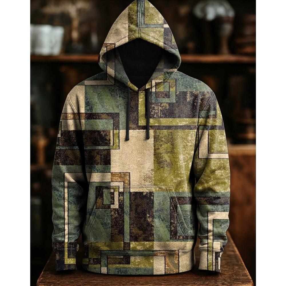 Men's Multicolor Art Print Hoodie, Irregular Graphic Pullover, Urban Streetwear Style, Fall Winter Comfort Wear
