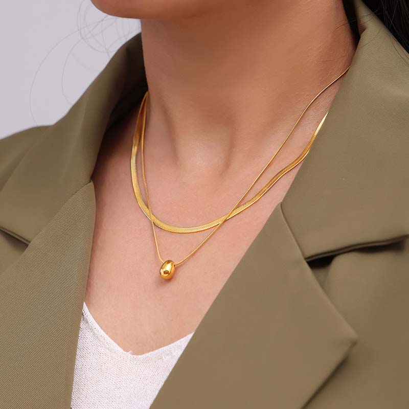Stainless Steel Double Layer Water Drop Pendant Necklace for Women Vintage Gold Color Snake Bone Chain Necklace Jewelry Gifts