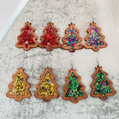 Christmas Tree Wooden Earrings with Acrylic Sequins - Festive Holiday Jewelry