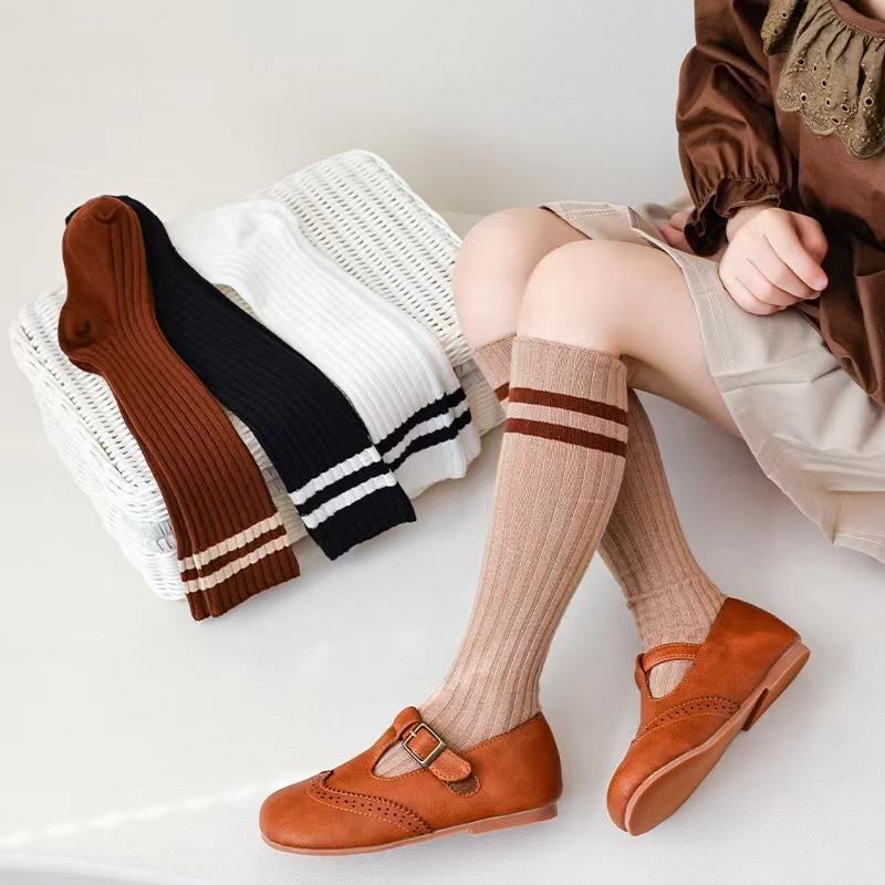 1 Pairs/ Kids Knee High Long Socks Soft Cotton Black White Stripes Children Sports Socks Boys Girls Classic Preppy Style Sock