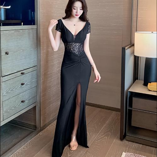 

New summer sexy women s lace splicing v-neck dress, be careful with high waist temperament long dress and thin dress L чорний