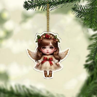 1/6Pcs Christmas Santa Hat Girl Hanging Decoration Holiday Party Winter Xmas Tree 2D Flat Acrylic Cartoon Angel Fairy Hanging Ornament