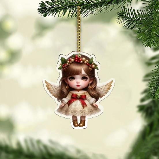 1/6Pcs Christmas Santa Hat Girl Hanging Decoration Holiday Party Winter Xmas Tree 2D Flat Acrylic Cartoon Angel Fairy Hanging Ornament