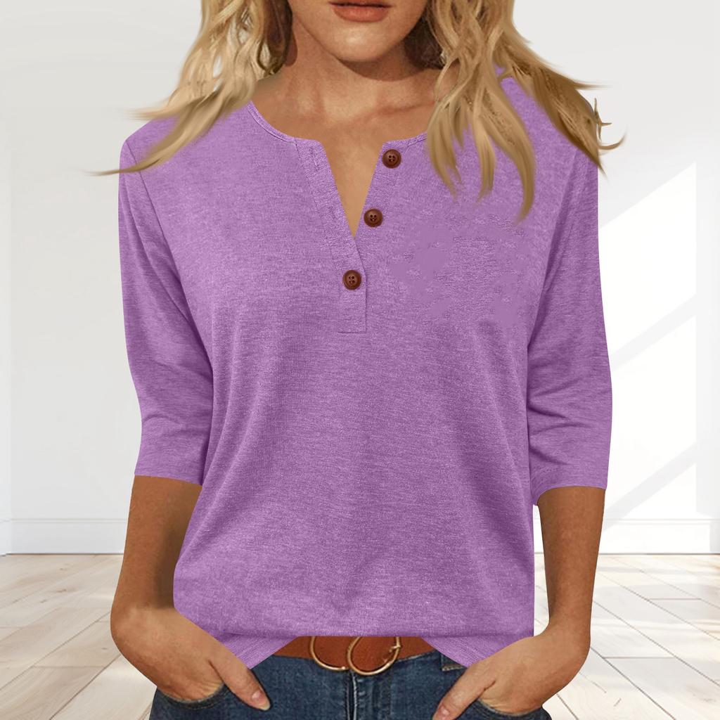 Women's Fashionable Casual Button-down Collar Three-quarter Sleeve T-shirt Top