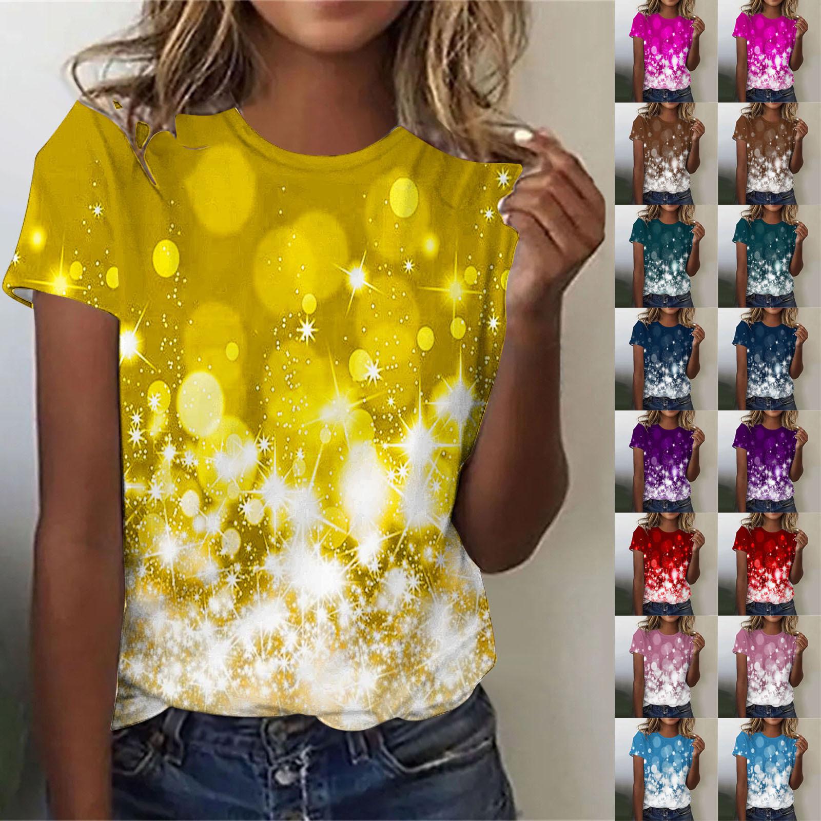 

Женский повседневный топ с короткими рукавами и круглым вырезом с принтом сверкающих кристаллов L синий