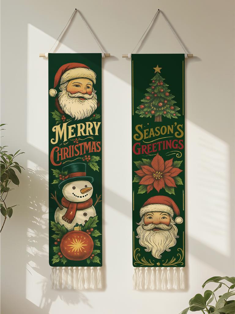1pc Christmas Wall Hanging Tapestry Cute Santa Claus, Snowman & Christmas Tree Tapestry with Tassel Home Festive Wall Decor Gift