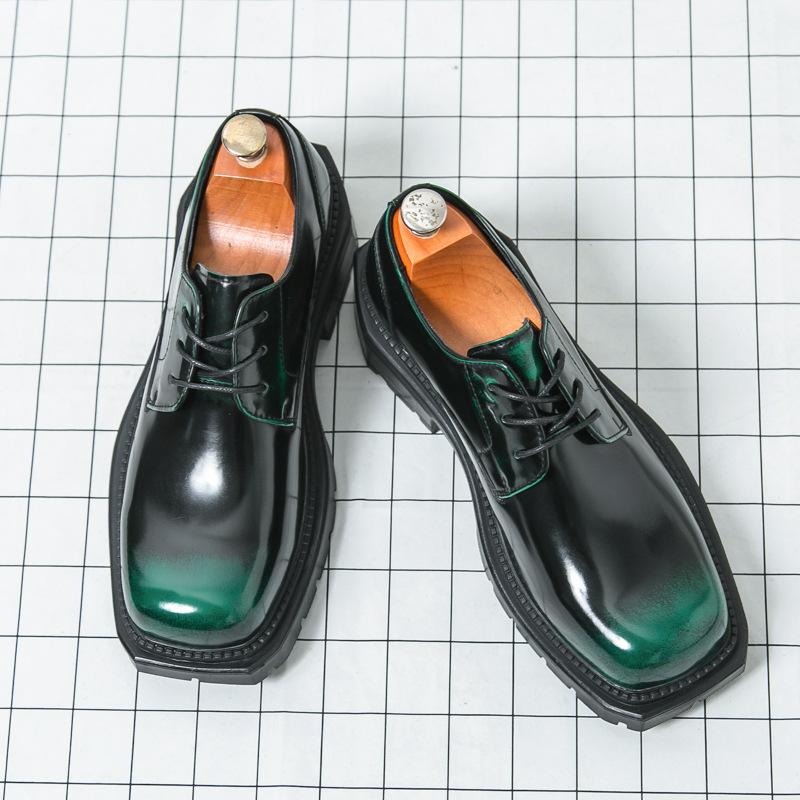 

Leather shoes Small man thick-soled square head leather shoes Men s British style black big head tooling leather shoes A pair 45