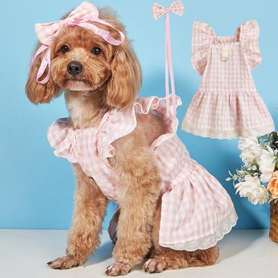 Yousheng Summer Dog Clothes Bow Headdress Ruffled Sleeve Lace Hem Pullover Elegant Dressing-Up Soft Plaid Dress Pet Cat Two-legged Clothes Puppy