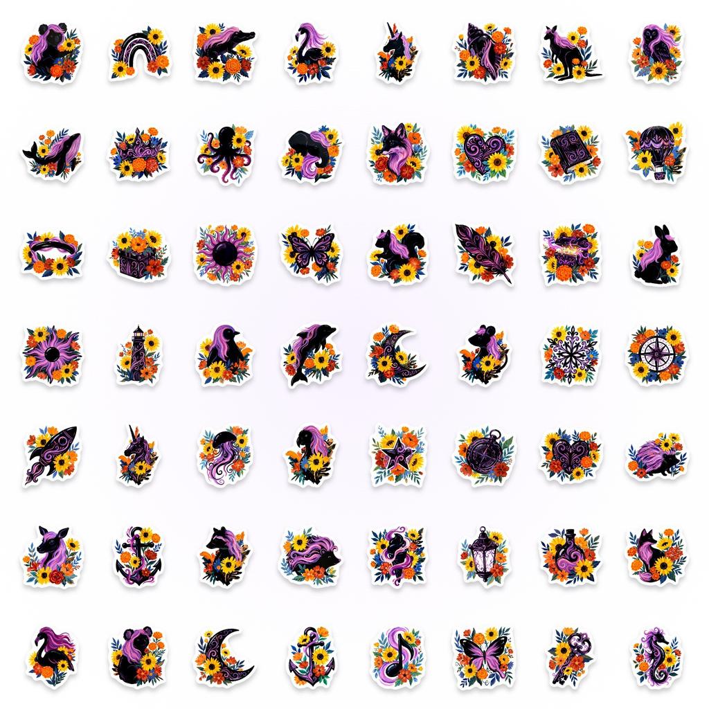 56 Gothic Dark Wind Waterproof Purple Flower Animal Stickers, Water Cup Notebook Decorative Stickers
