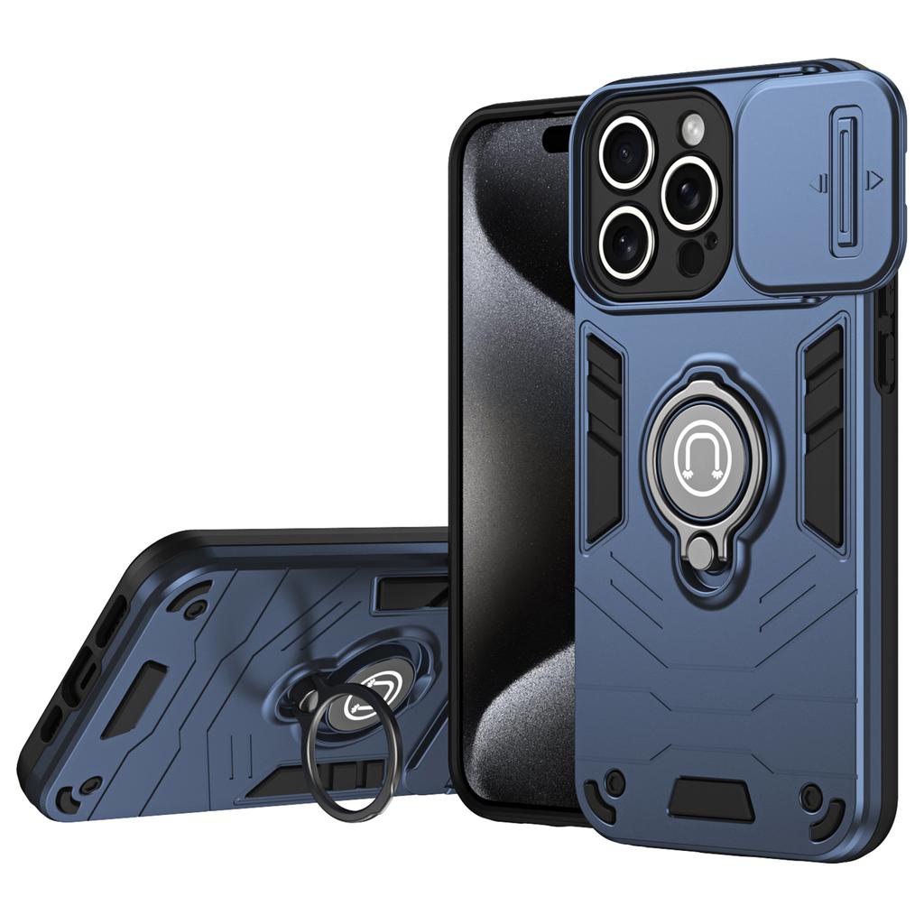For iPhone 15 Pro Max Case PC+TPU Ring Kickstand Phone Cover with Slide Lens Lid