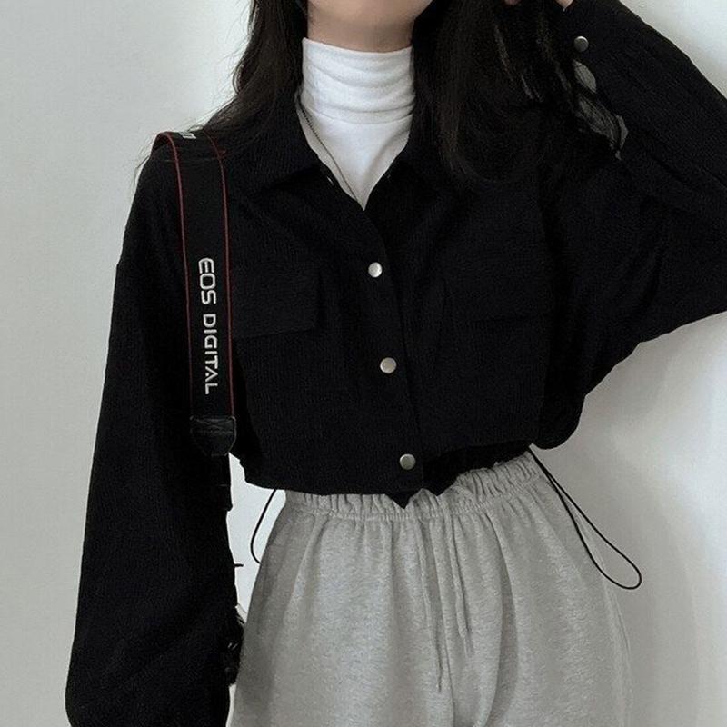 Rimocy Chic kapsy Dlouhý rukáv zkrácená halenka pro ženy Manšestrová Krátká bunda se stahovací šňůrkou Korejské divoké jednobarevné kabáty