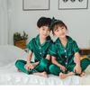 Girls' Imitation Silk Pajama Set - Short Sleeve Top & Long Pants, Lapel Design, Spring/Summer Homewear