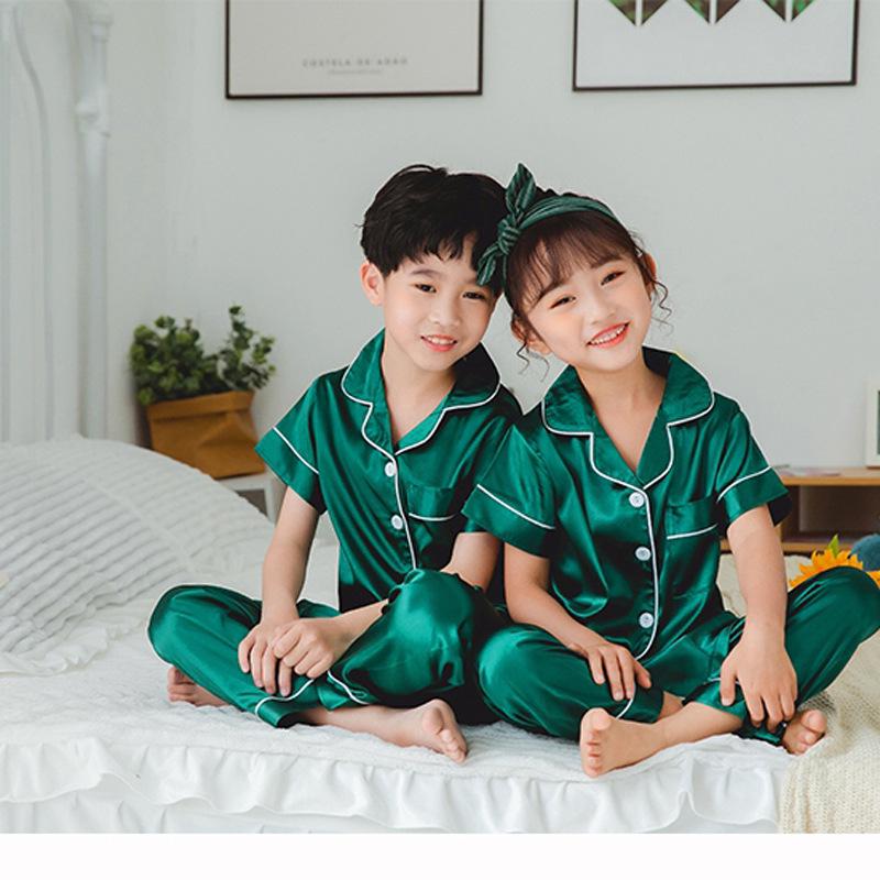 Girls' Imitation Silk Pajama Set - Short Sleeve Top & Long Pants, Lapel Design, Spring/Summer Homewear