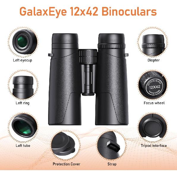 Binoculars for Adults 12x42 GalaxEye Compact with Phone Adapter Large View Easy Focus with HD BAK4 Prism FMC Lens for Bird Watching, Hunting,