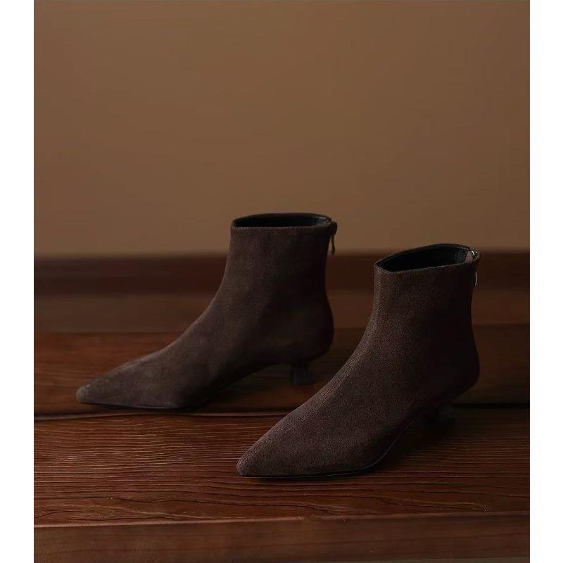 Booties Fall 2026 New Skinny Boots Pointed Toe Stiletto Heel French Pointed Toe Scrub Leather Boots for Women