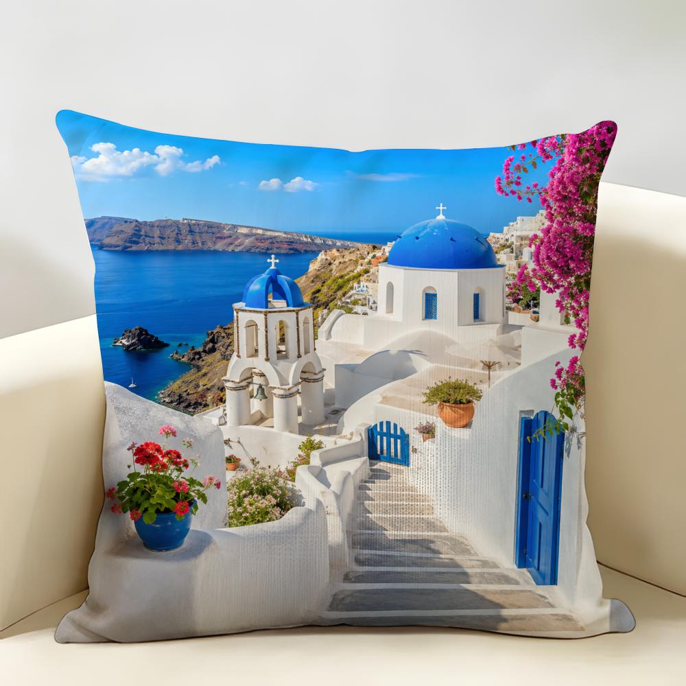 Griechische Santorini Serie Muster Kissenbezug Langlebig Hypoallergen Bio-Leinen Kissenbezug Kurze Größe Waschbar Hautfreundlich