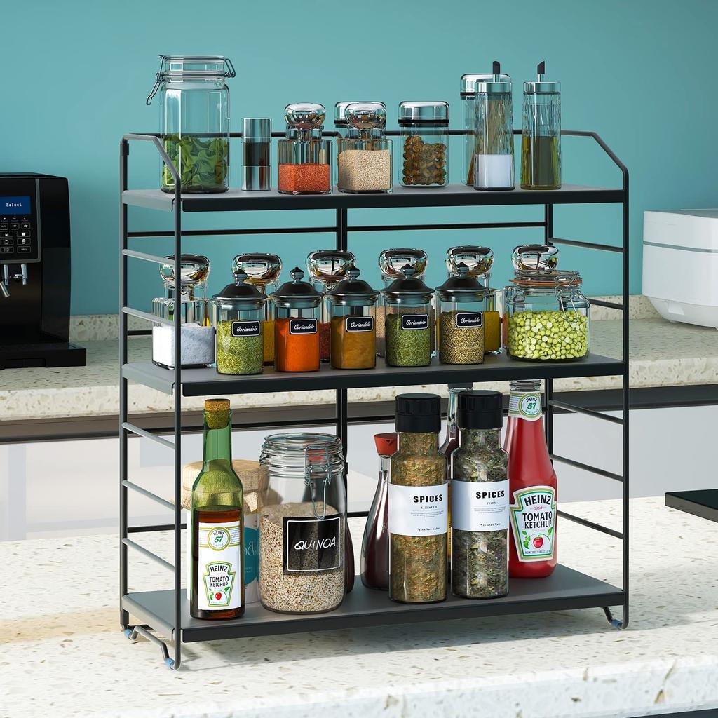 RCHYFEED Seasoning Storage Rack Adjustable 3 Tier Height Adjustable Seasoning Rack Spice Rack Kitchen Storage Large Capacity Easy To Assemble