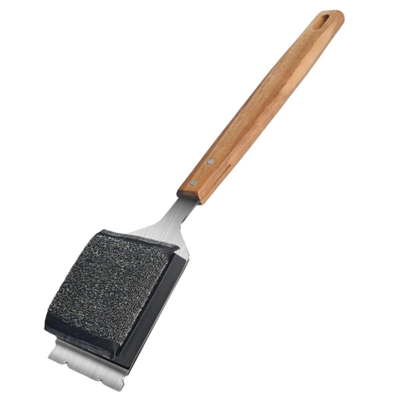 

Steel Wire Sponge Scouring Cleaning Brush For BBQ Grill Grates Rusts And Greases Removal Ergonomic Wood Handle Design 1