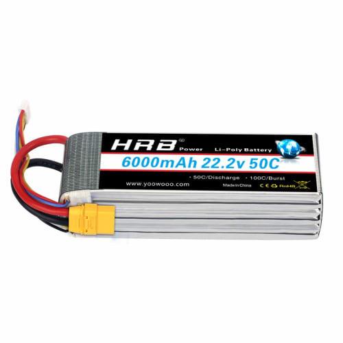 HRB 22.2V LiPo Battery, 6000mAh, 6S 6000mAh, 6-Cell XT90 50C-100C, for RC Airplanes, Helicopters, and Multicopters