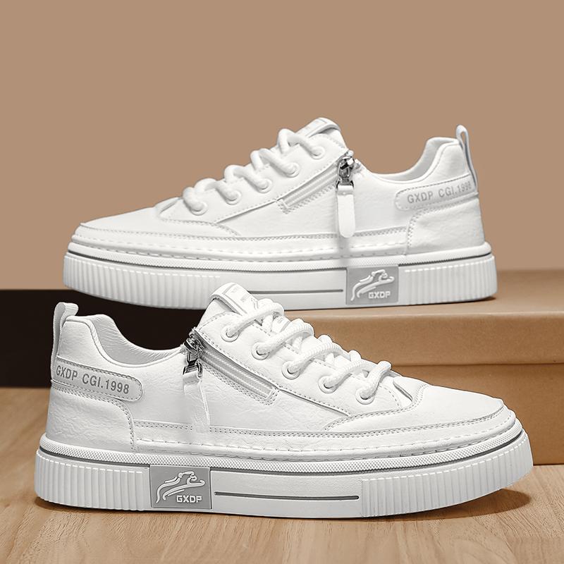 White Leather Sneakers Thick Bottom Casual Flats Anti Slip Outdoor Walking Sports Board Vulcanized Street Skate Shoe Lace-up