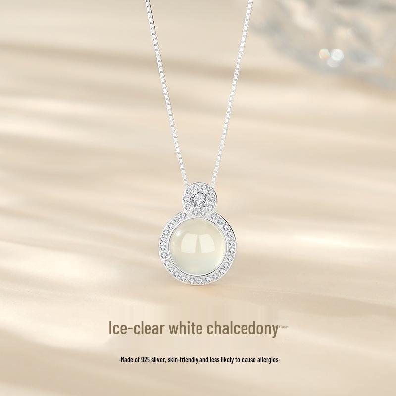 Tichiya Sterling Silver White Chalcedony & Zircon Necklace for Women - Elegant Clavicle Chain S925 Silver
