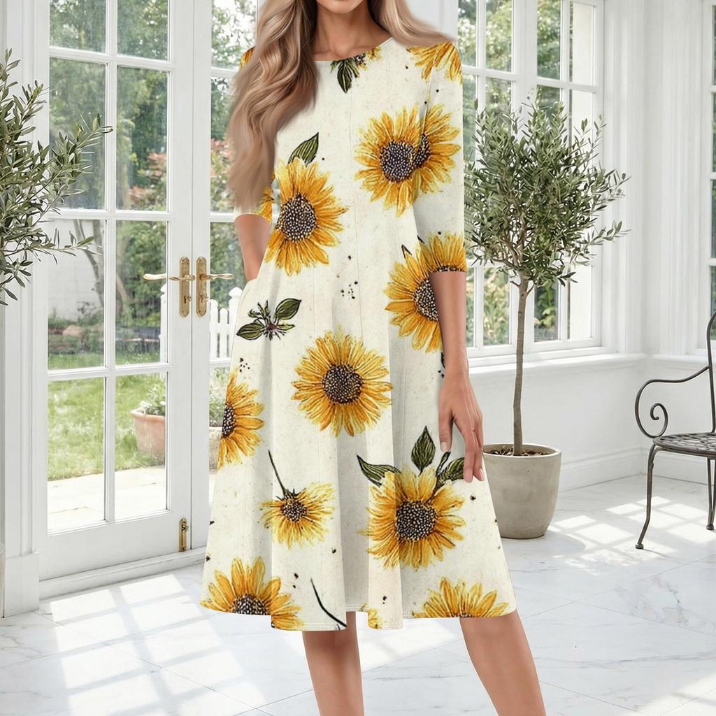 Women's Casual Fashion Round Neck Three Quarter Sleeve Printed Midi Dress