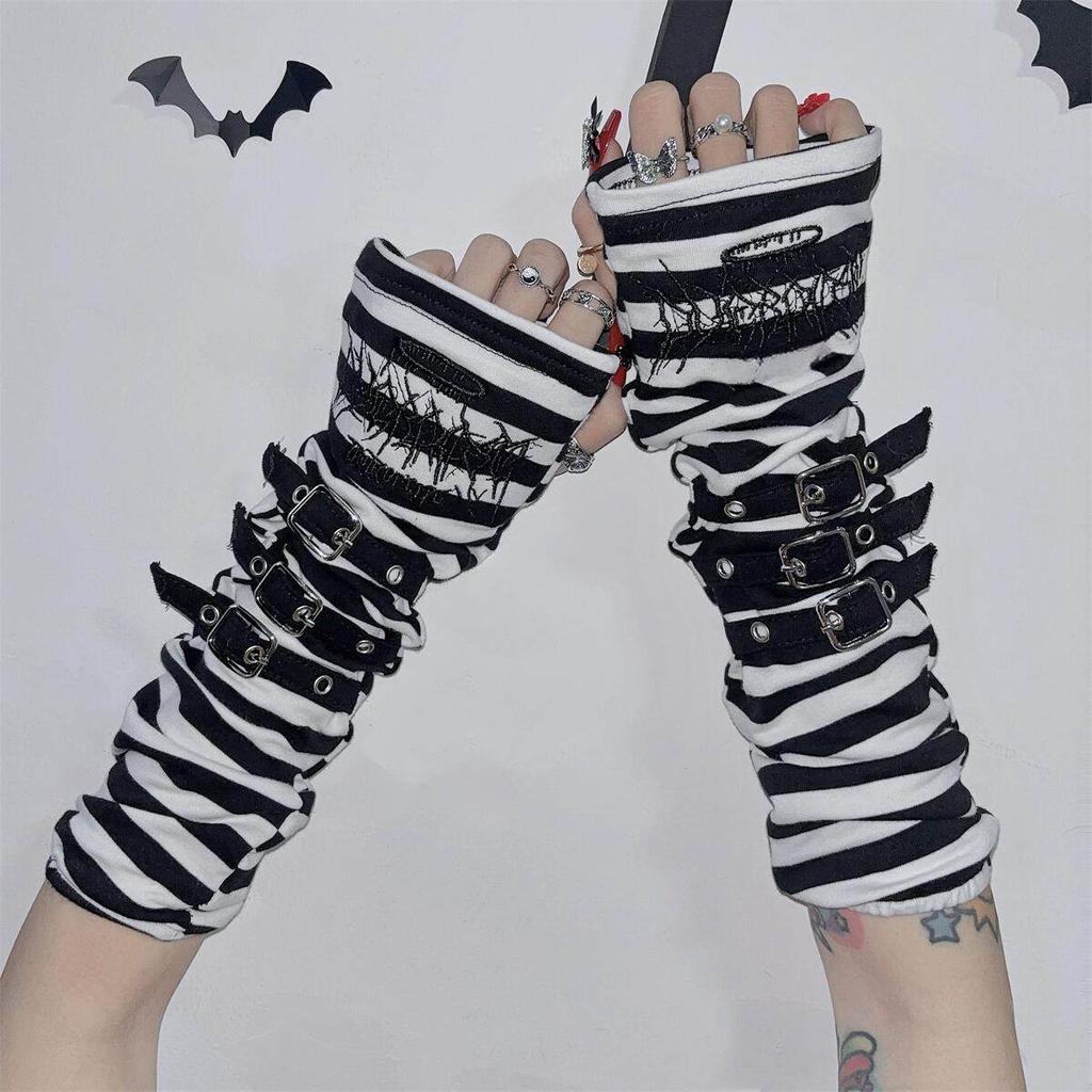 Gothic Embroidered Arm Covers Women Kawaii Japanese Harajuku Goth Half Finger Arm Warmer Y2K Gloves Arm Sleeve for Girls