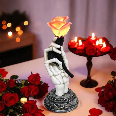 YUETJIN 10.25” Lighted Gothic Halloween Skeleton Hand Holding Rose Decoration for Day of The Dead, Goth Valentine's Gift