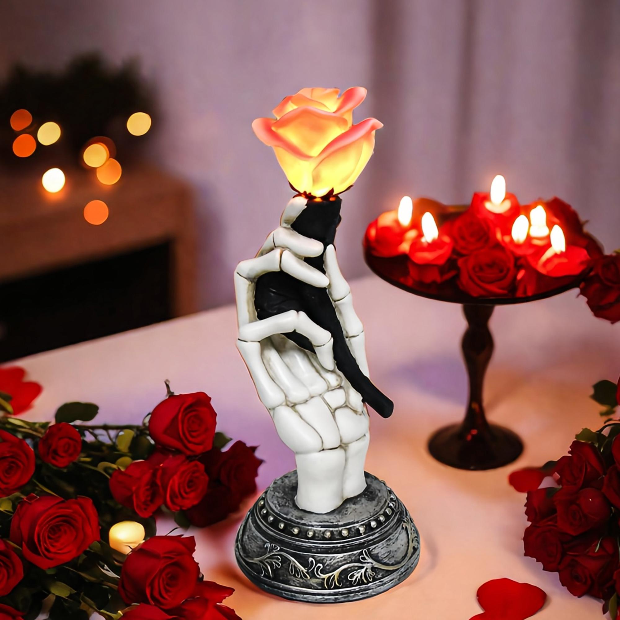 YUETJIN 10.25” Lighted Gothic Halloween Skeleton Hand Holding Rose Decoration for Day of The Dead, Goth Valentine s Gift