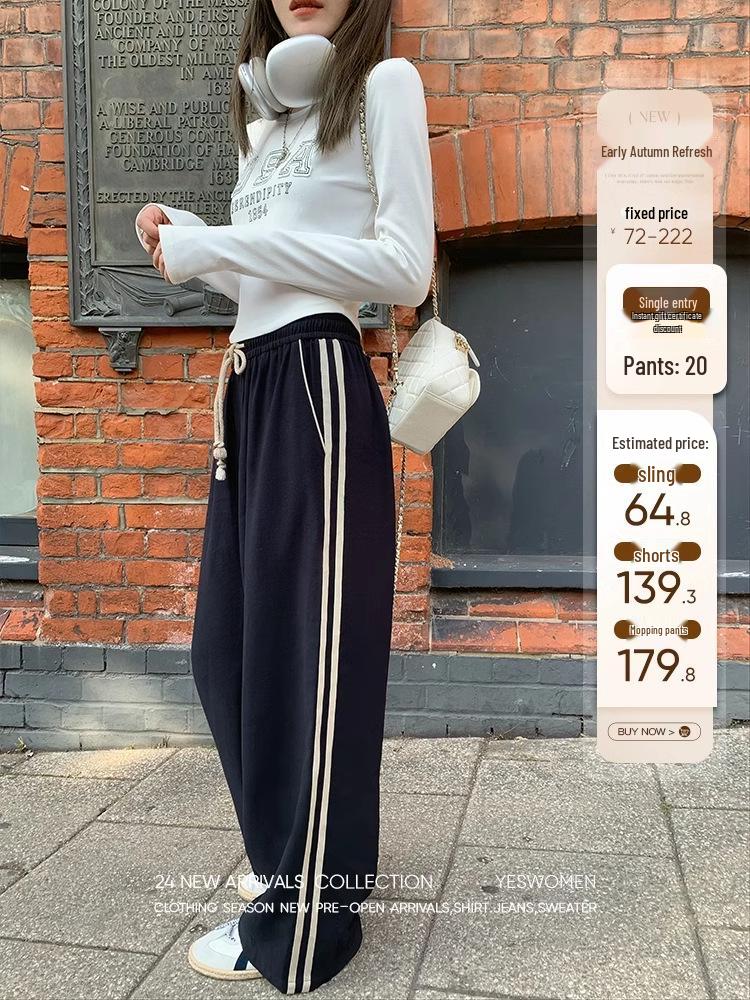 Women's Retro Color-Block Striped Wide-Leg Pants - Spring/Autumn Casual Loose Slimming Straight-Leg Long Sports Pants