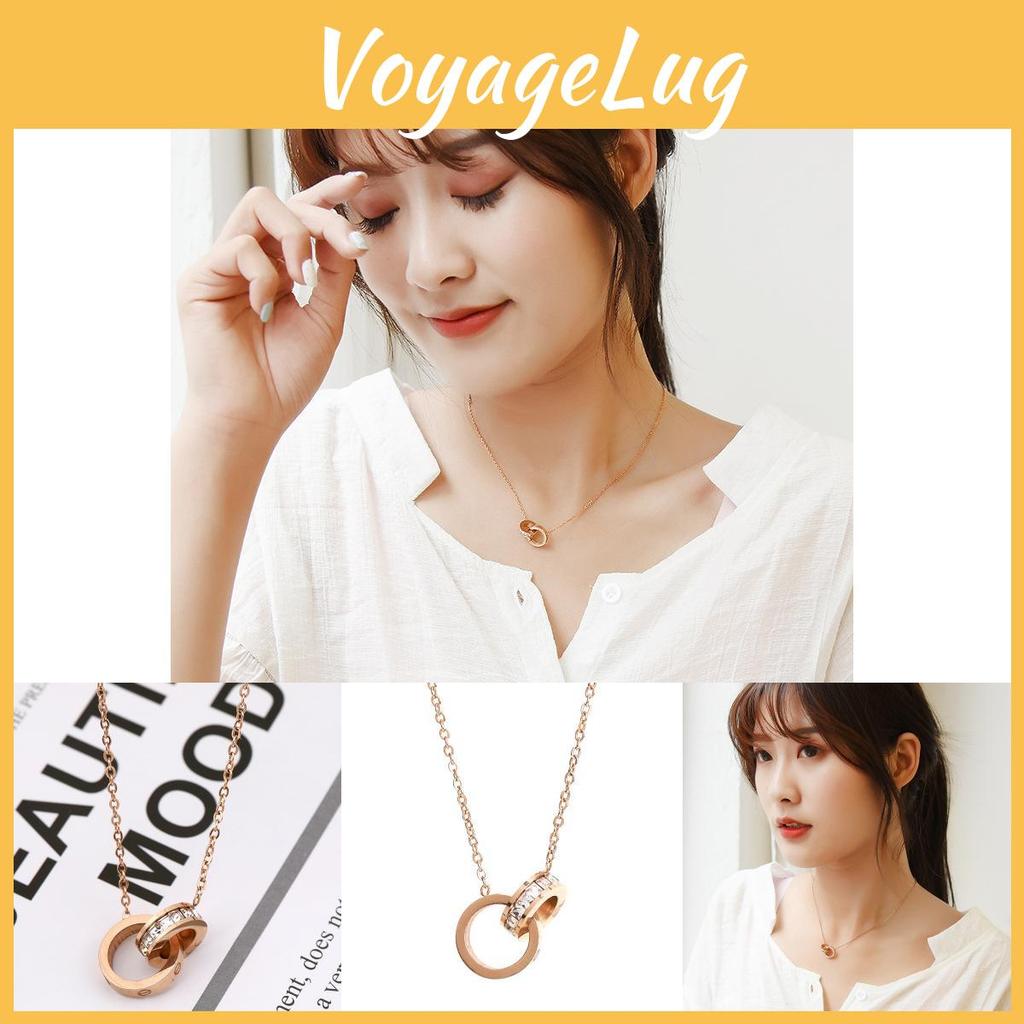 Elegant Korean Style Rose Gold Geometric Double Circle Necklace For Women 75cm