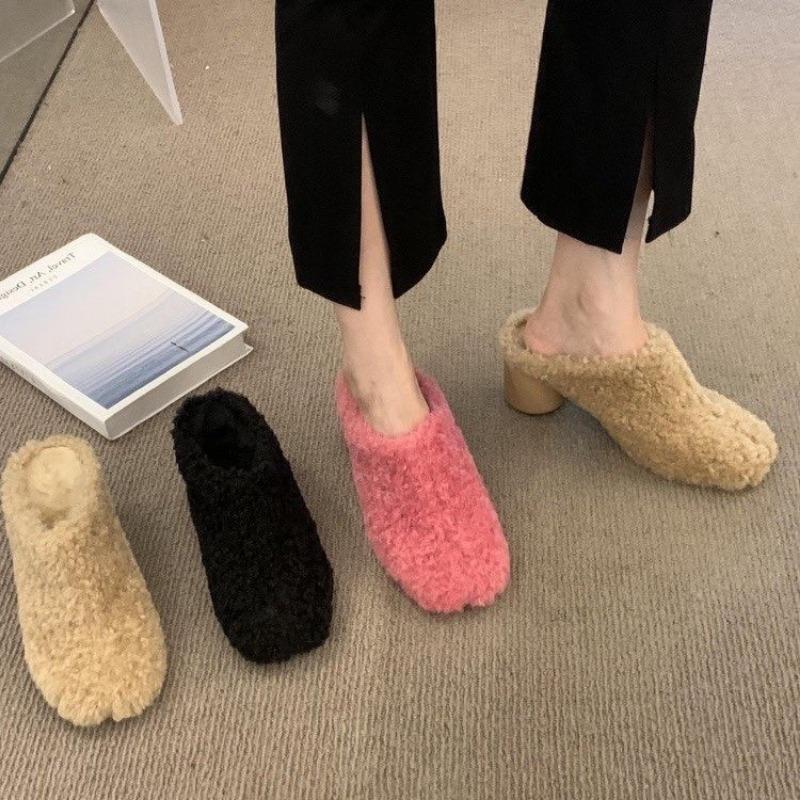 Fashion Fur Lambswool Heeled Slippers Woman Luxury Solid Color Horse Hair Round Toe Covered Toe Shoes Woman Designer Brand Casual Shoes