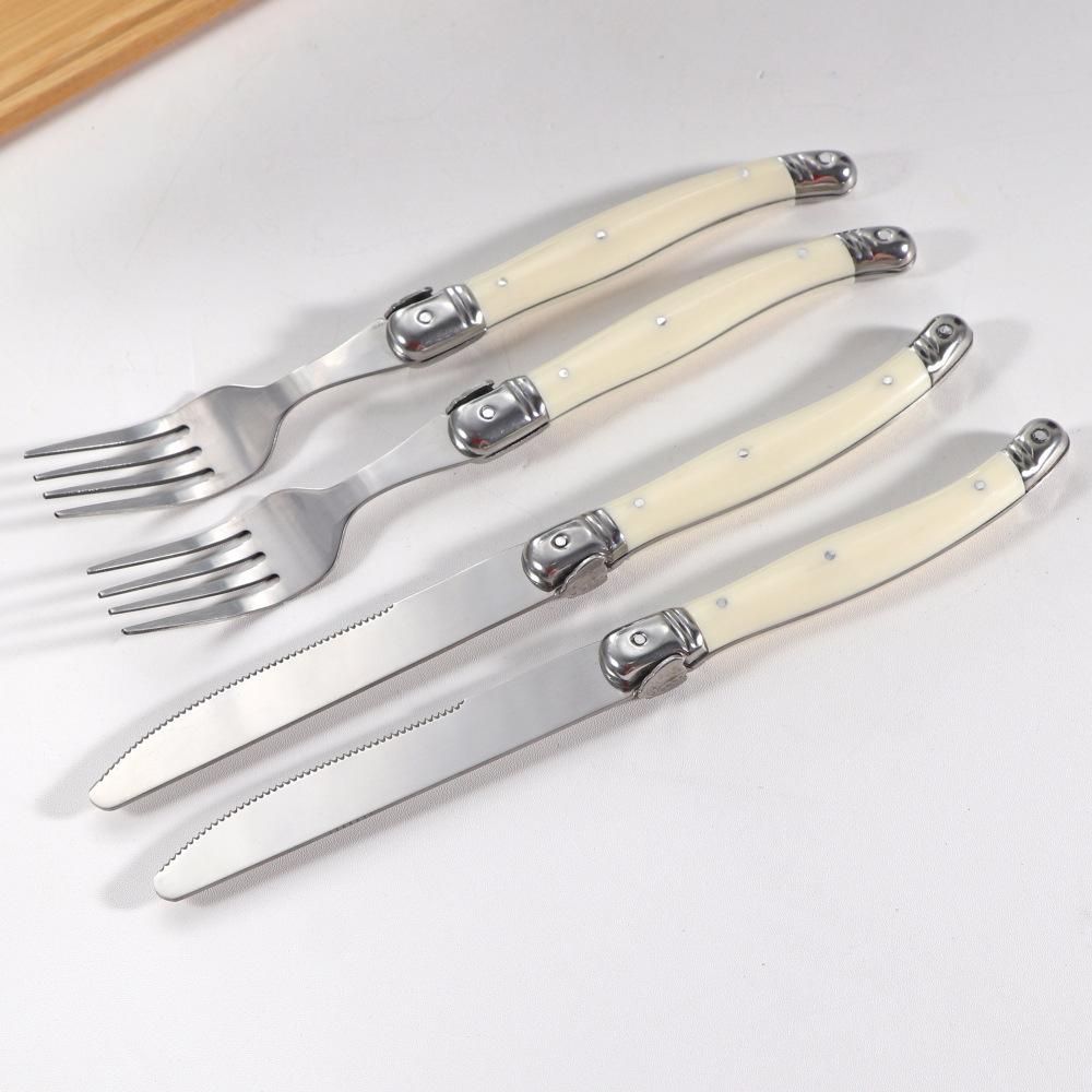 Stainless Steel Knife, Fork and Spoon Set, Milk White Plastic Handle, Steak Knife, Steak Fork and Spoon, Steak Western Tableware Household