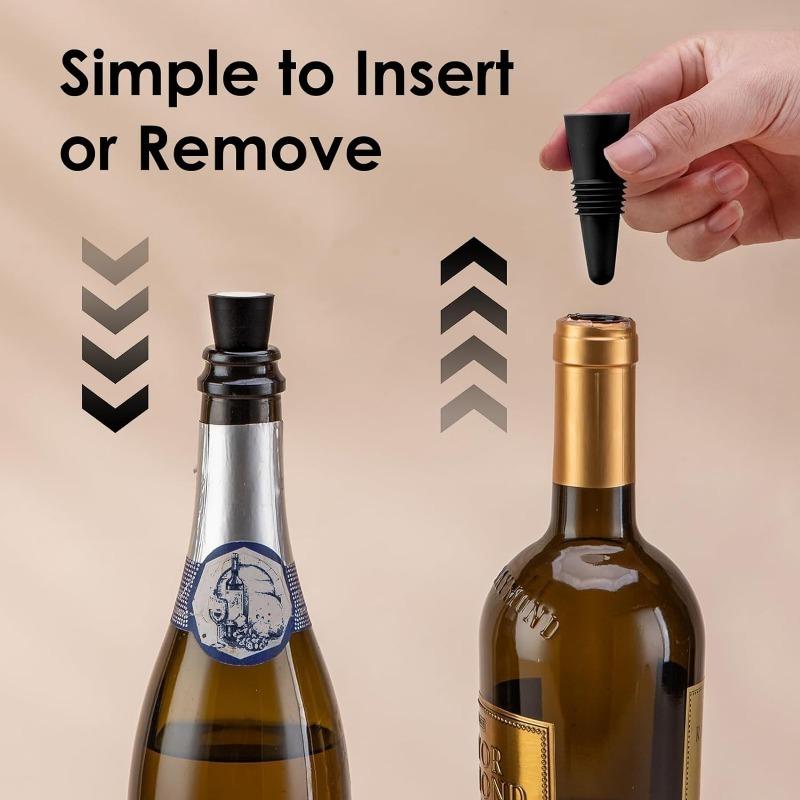 6PCS Black Silicone Wine Bottle Stopper with Threaded Seal Ring and StainlessTop, Suitable for Wine Bottles
