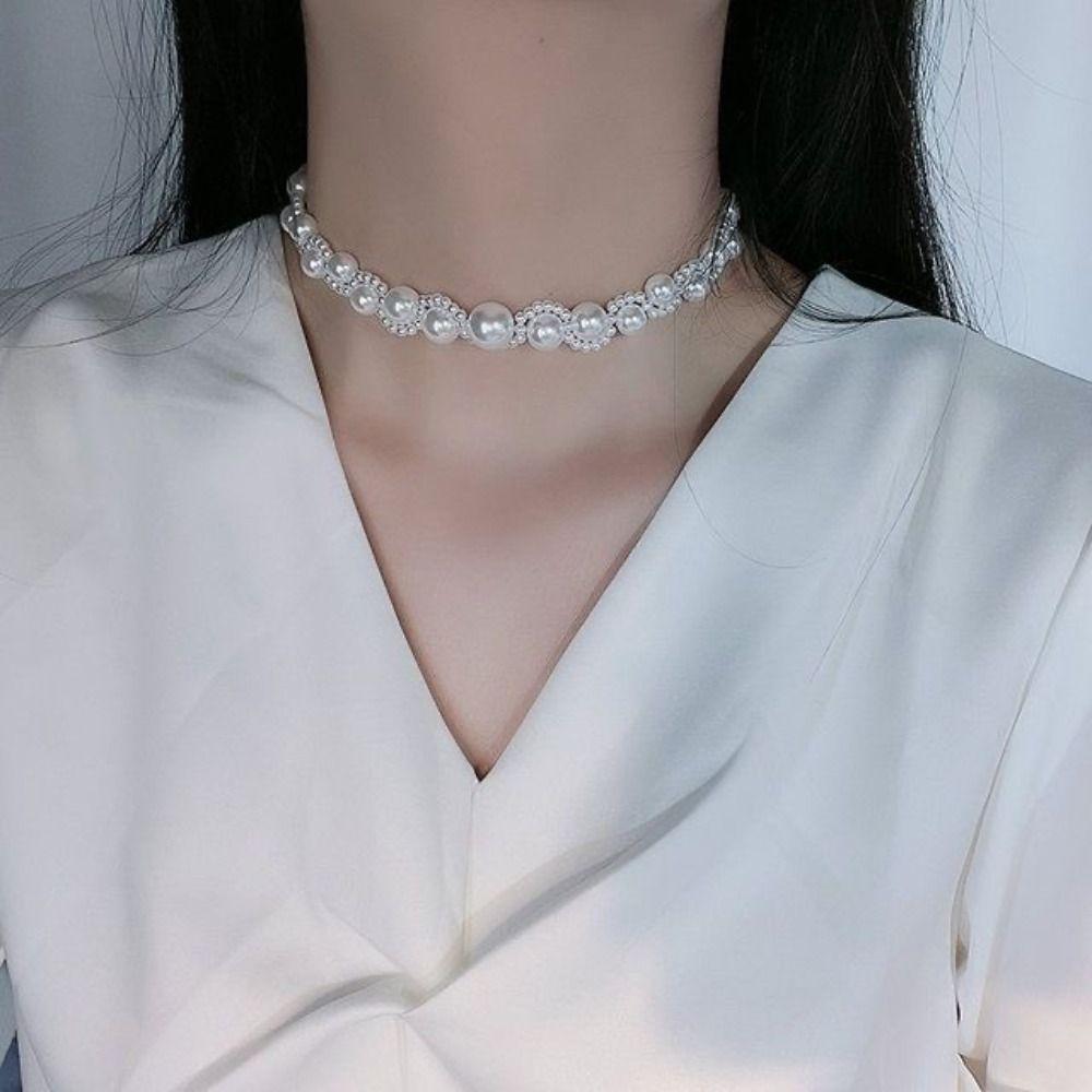 Chain Choker Pearl Beaded Jewelry Suit Hand Bangle Women Jewelry Set  Wedding