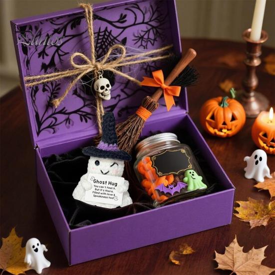 Portable Travel Friendly Charm Hand Knitted Halloween Ghost Ornament, Crochet Plush Doll with Whimsical Witch Hat Pumpkin Encouragement Card,