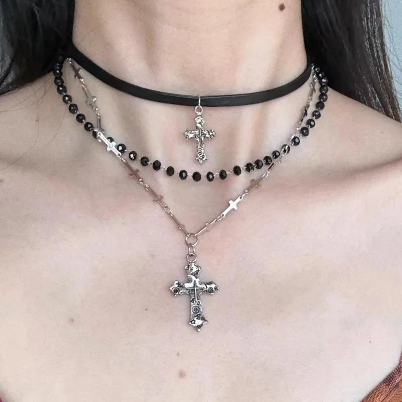 New Spicy Girl Multi-layer Cross Necklace Punk Bead Long Pendant Retro Sweet Cool Hip-hop Women's Gift Creative Fashion