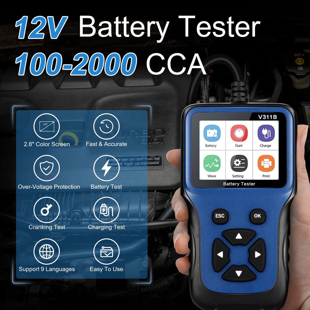 12V Car Battery Tester, 100-2000CCA Fast Accurate 12V Battery Load Tester, Digital Battery Analyzer for Car Truck Motorcycle ATV SUV Boat Yacht