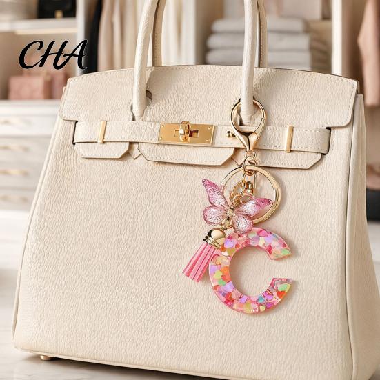 Compact Keychain Pink Series Pendant, Sequins Heart Initial Letter Charm Key Chain with Versatile Butterfly Tassel Design, A-Z Holder for Bag