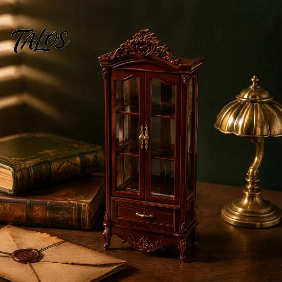 European Style Doll Mansion Accessory Miniature Curio Cabinet, 1/12 Scale Mini Wine Wooden Tiny Display Cabinet with Detailed Furniture Drawer,