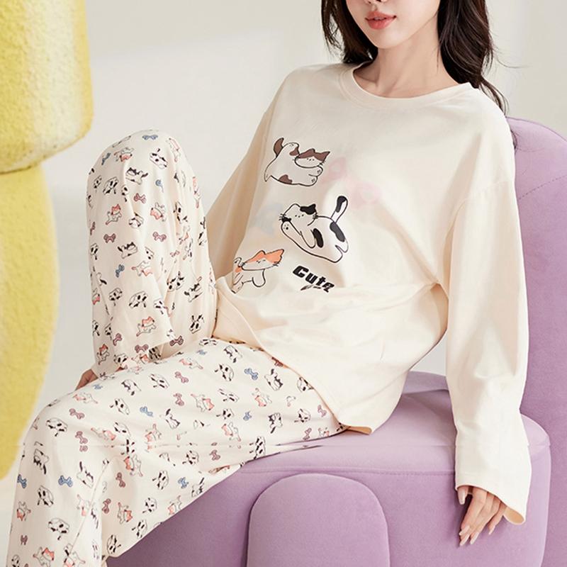 Niedliches Katzen-Pyjama-Set Damen Herbst Winter Langärmlig Lange Hose Nachtwäsche Weiche Pijamas Gemütliche Pyjamas Kawaii Nachthemd Mädchen