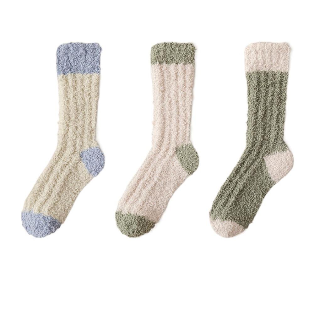 3Pairs Winter Coral Fleece Socks Sleeping Mid Tube Socks Women Kawaii Floor Plush Socks  Winter