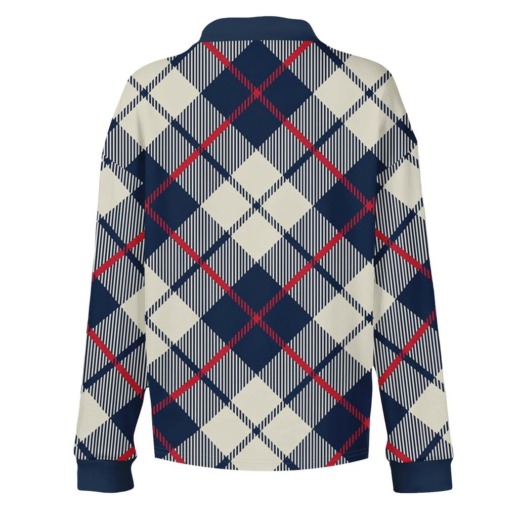 Women's Retro Street Lazy V,neck Long Sleeve Button Plaid Print Pullover Top