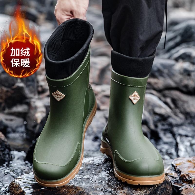 Winter velvet rain shoes men's medium tube thick-soled non-slip men's wear-resistant water shoes outdoor waterproof and warm rain boots