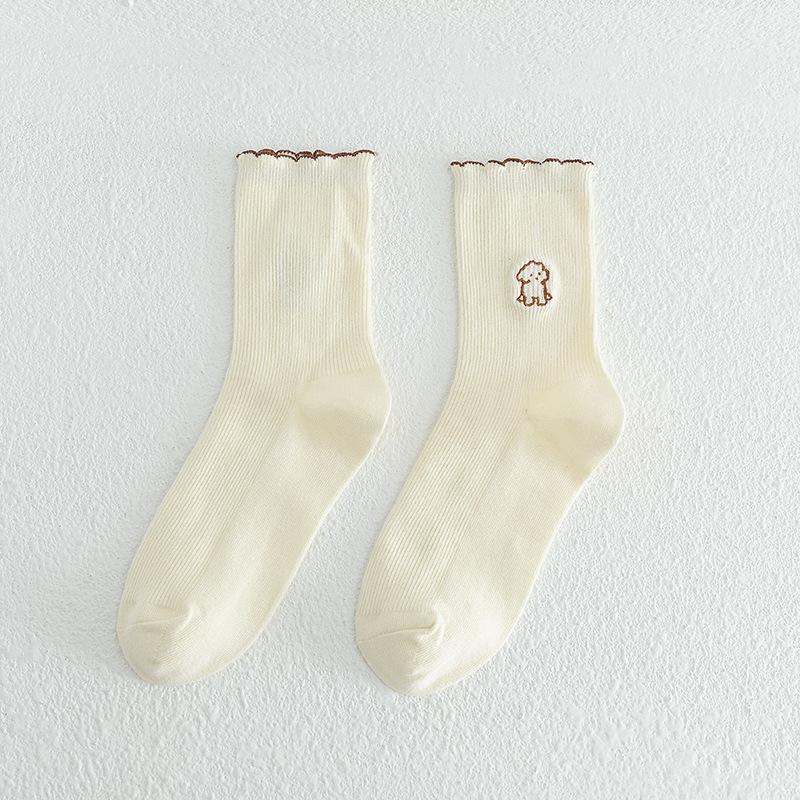 Female Spring and Autumn New Cartoon Dog Embroidery Pulled A College Style Cotton Socks