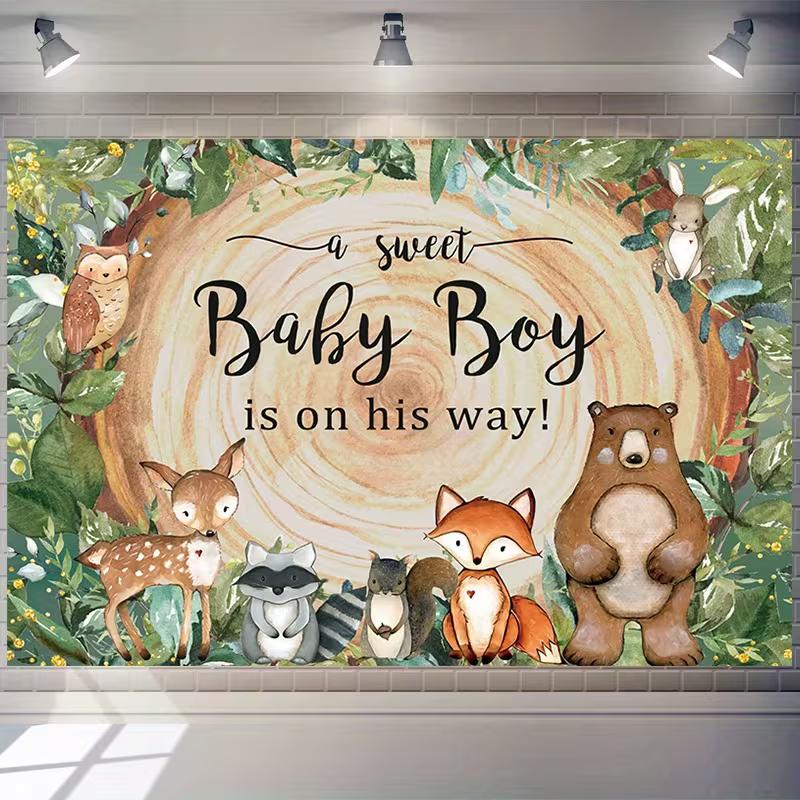 

2D Forest Animal Baby Backdrop, Woodland Creatures for Baby Boy Shower Photoshoot 47.2x31.5inch/120*80cm