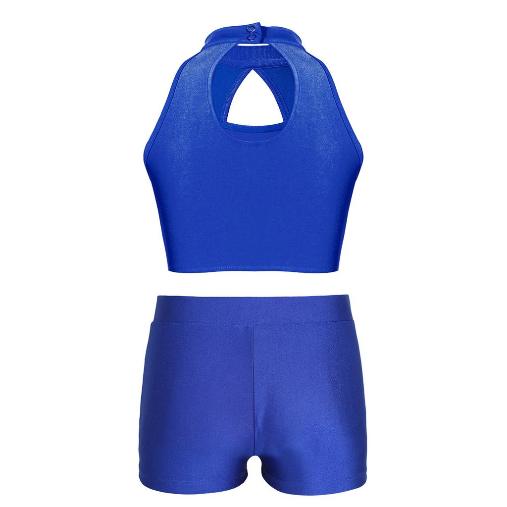 Girls Dance Performance Set Hollow Front Keyhole Back Sequin Patchwork Sleeveless Crop Top Shorts