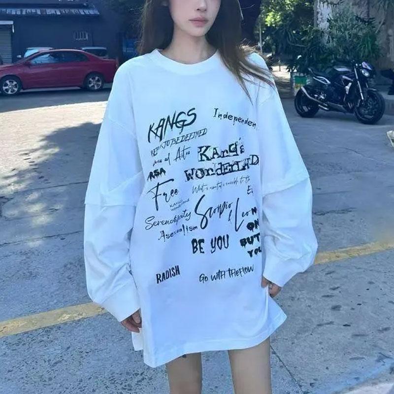 Fashion American Hand-Painted T-shirts Women's Clothing Vintage Letter 2025 Autumn Round Neck Casual Long Sleeve Loose Pullovers