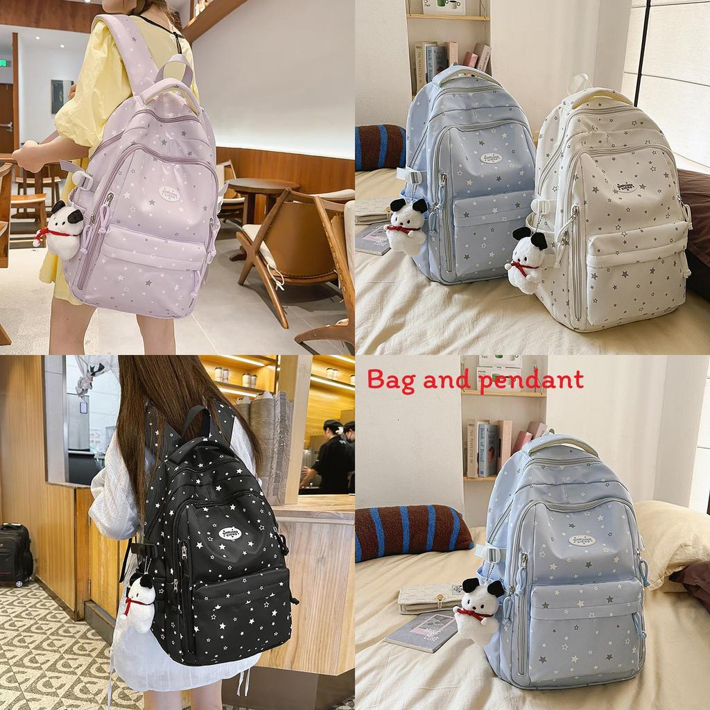 Simple Star Pattern Student Backpack With Plush Pendant For High School Students And Commuting
